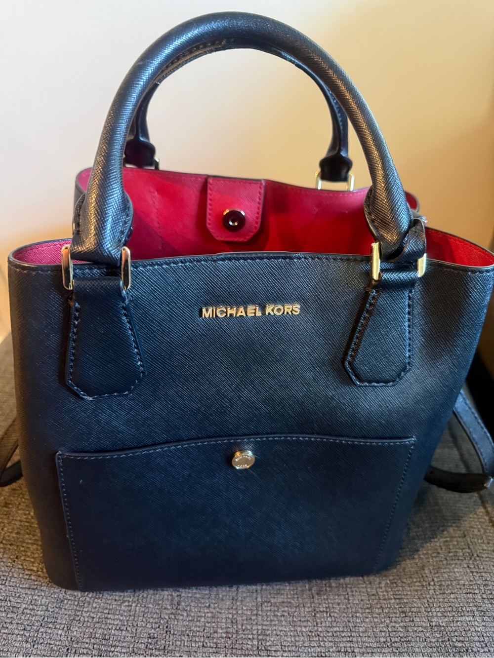 Michael Kors Black Leather Tote with Red Interior and Gold Hardware - Picture 2 of 13